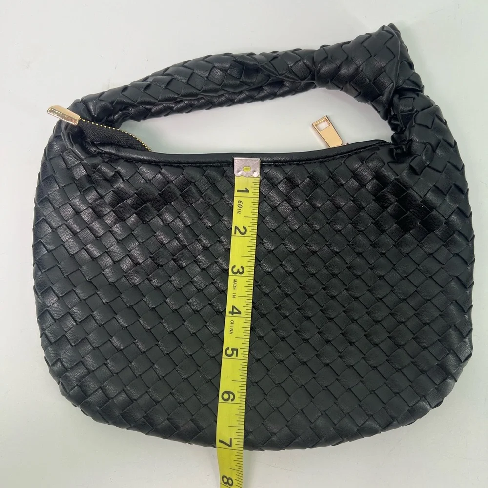 Melie Bianco Black Drew Small Woven Hobo Bag With Knot and Zipper